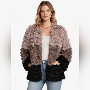 Anthropologie Sage the Label Women's Block Fringe Open Front shaggy jacket Sz M.